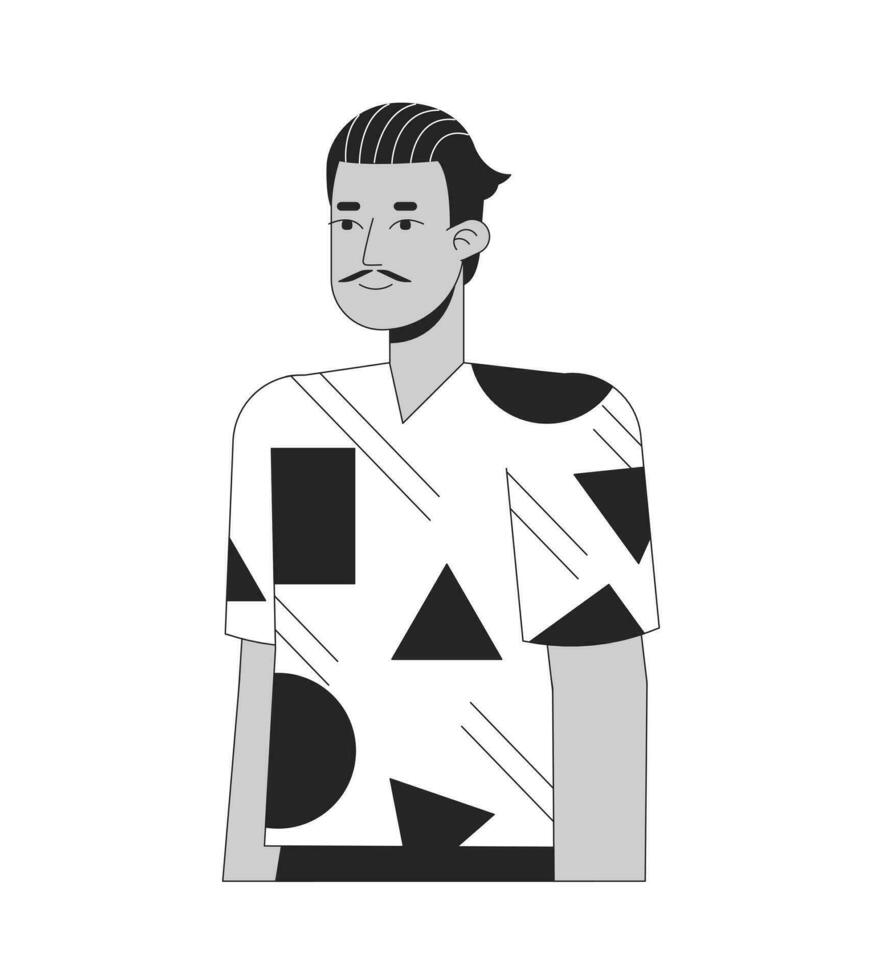 Hispano adulto hombre con lápiz Bigote negro y blanco 2d línea dibujos animados personaje. posando latino chico en 70s inspirado ropa aislado vector contorno persona. monocromo plano Mancha ilustración