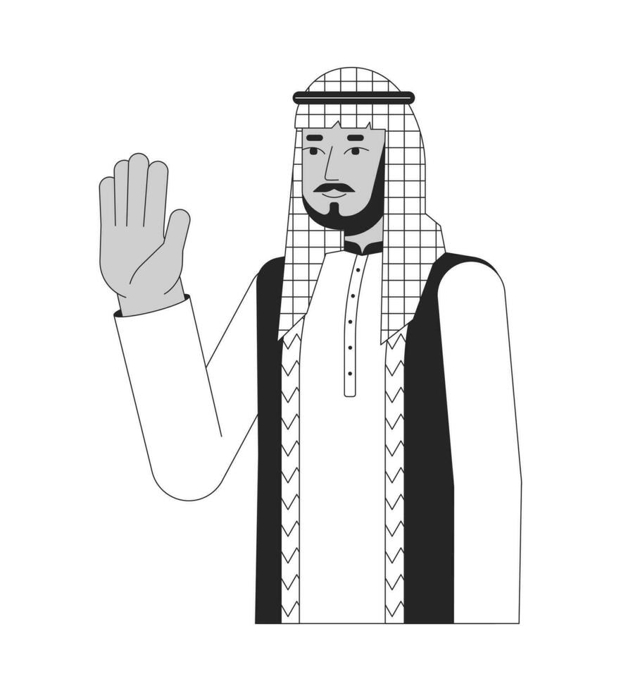 Saudi arabian man waving happy black and white 2D line cartoon character. Middle eastern wearing chequered headgear isolated vector outline person. Saying hello monochromatic flat spot illustration