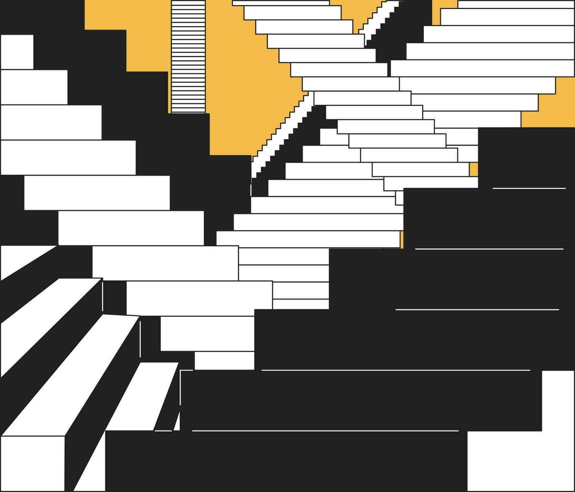 Stairs labyrinth abstraction black and white 2D illustration concept. Mystery geometric architecture isolated cartoon outline scene. Surreal stairway construction metaphor monochrome vector art