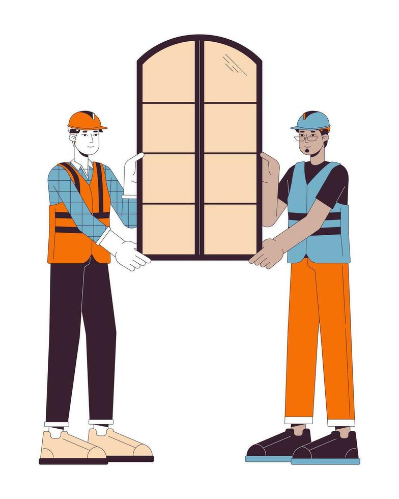Window installation home line cartoon flat illustration. Window fitters diverse men 2D lineart characters isolated on white background. Installers contractors hardhat scene vector color image