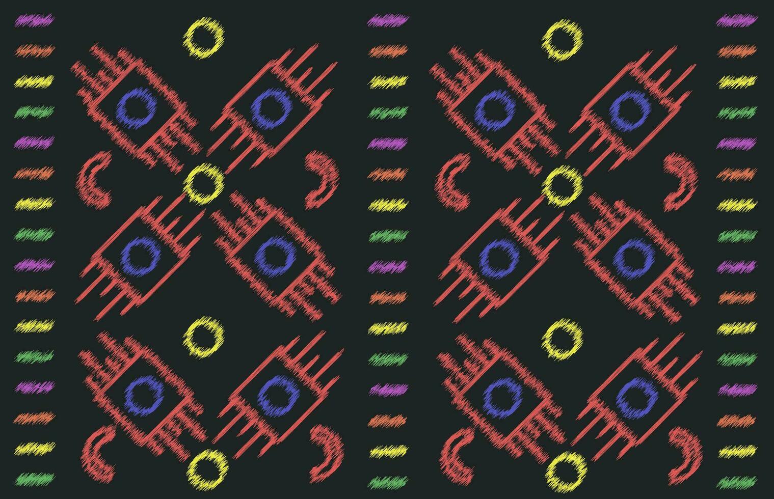 Ikat colorful embroidery on Black background. geometric modern oriental pattern Scandinavian. abstract vector illustration. design for texture,fabric,clothing,wrapping,decoration,scarf. ikkat Style
