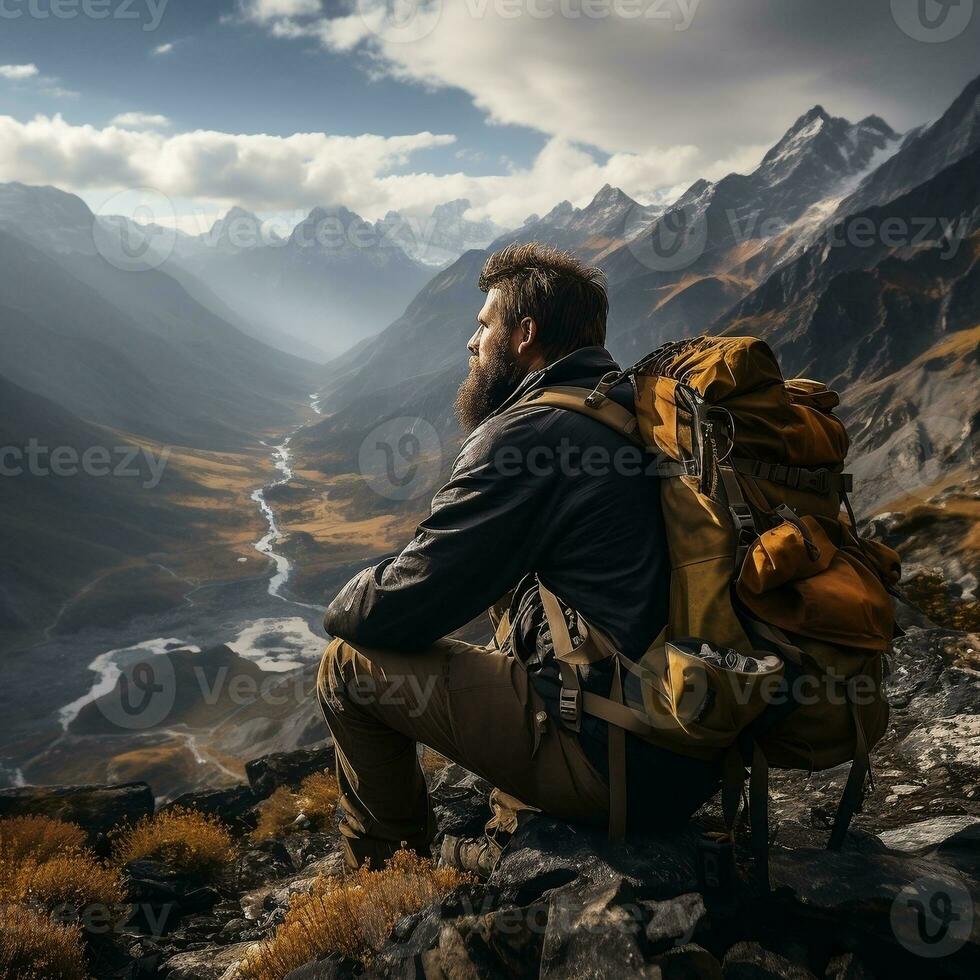 A backpacker taking a break and enjoying the view from a mountaintop generative ai photo