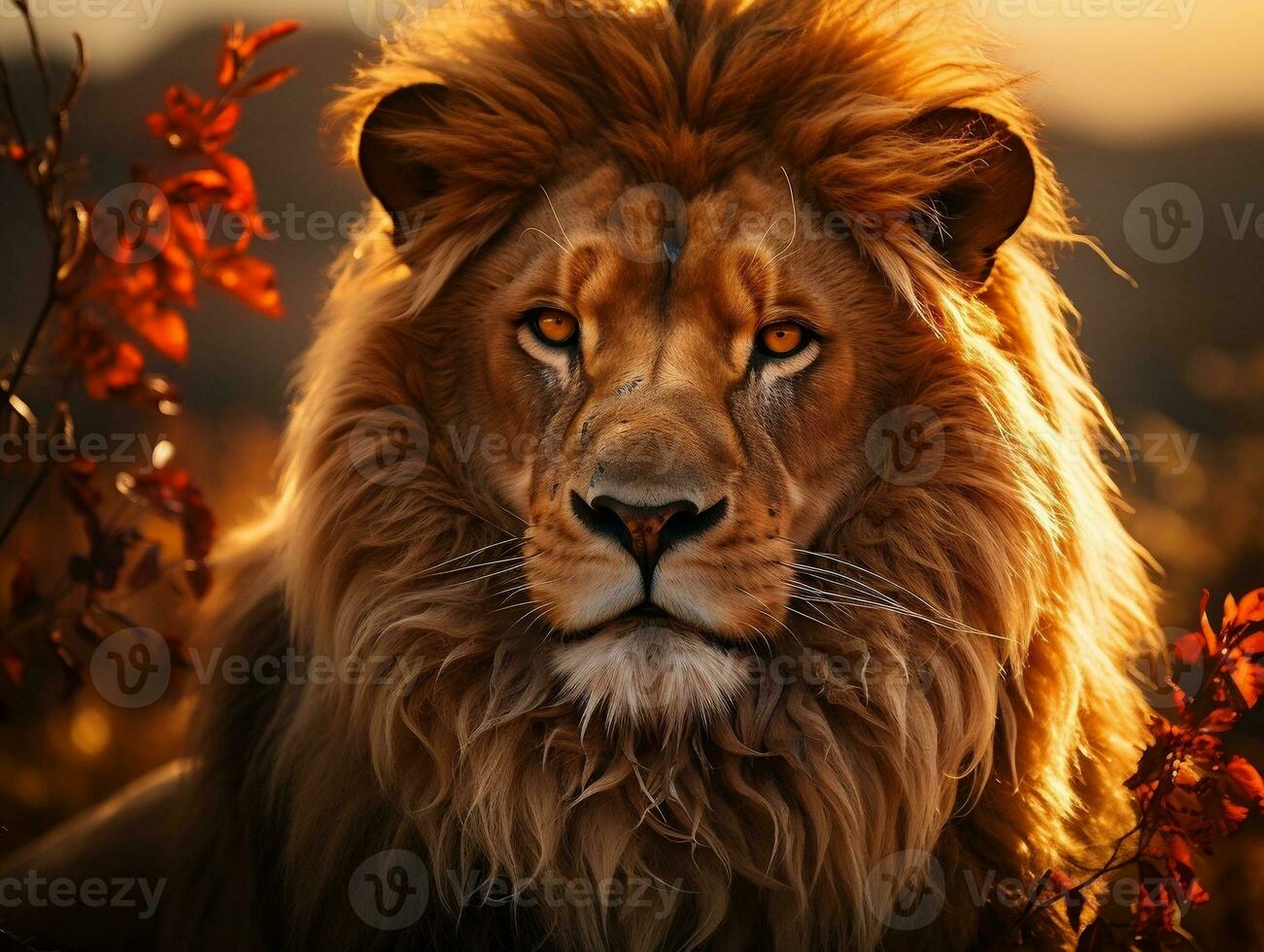 A lion in the savannah at sunset, male lion, king of the wilderness generative ai photo