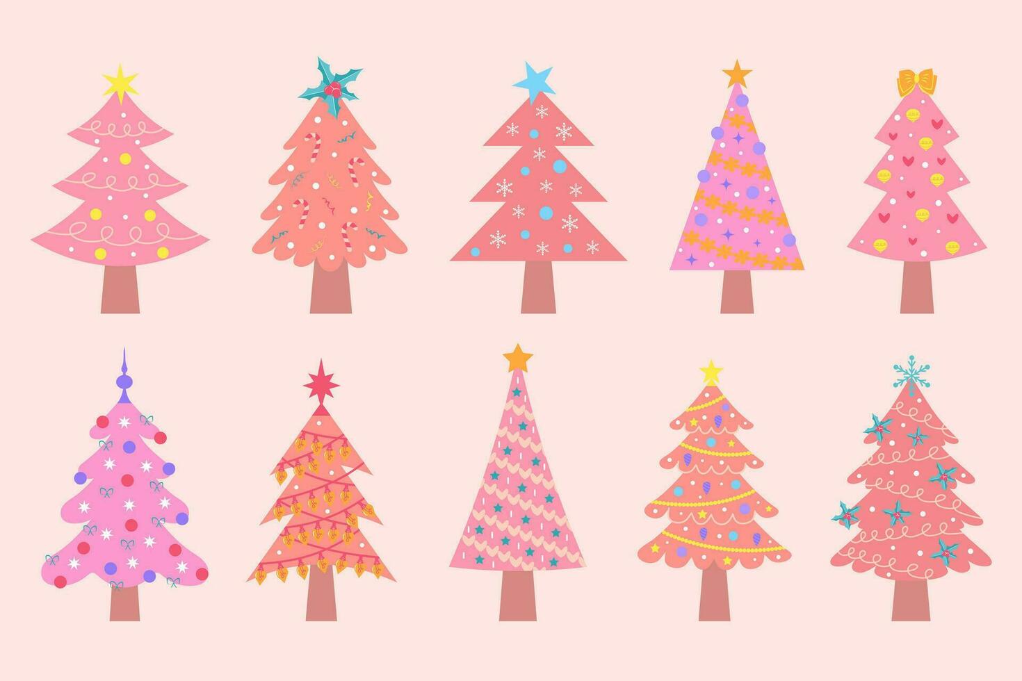 Pink christmas trees set. Cute pastel decorated Christmas trees with ...