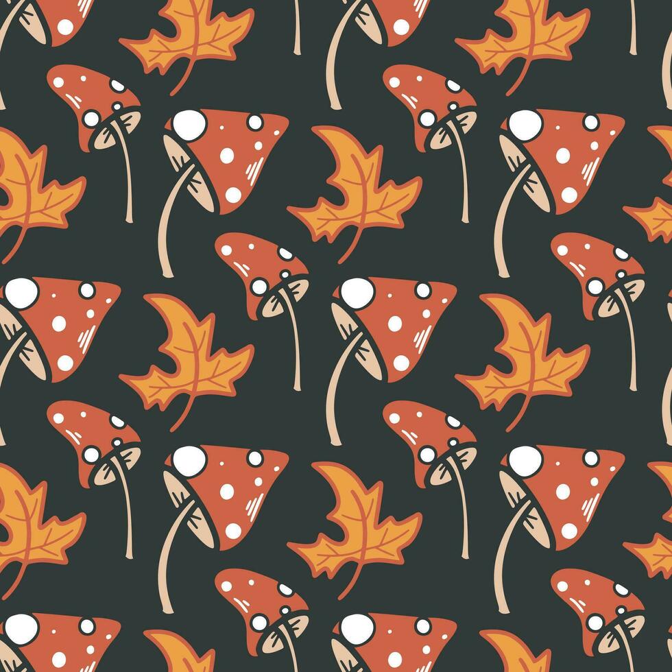 Fly agaric and maple leaf seamless pattern vector