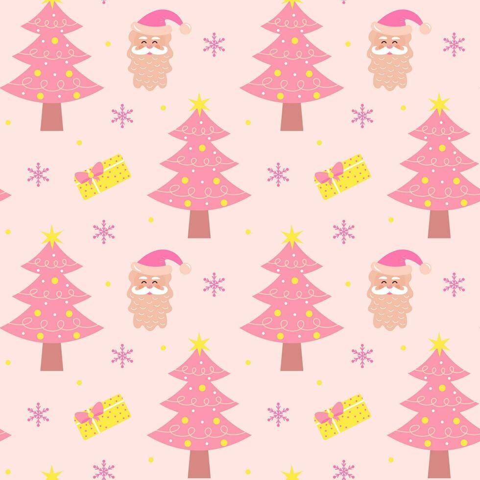 linda rosado Navidad árbol, regalo, Papa Noel claus y copos de nieve sin costura modelo. glamour pastel Navidad impresión para envase o textil. vector