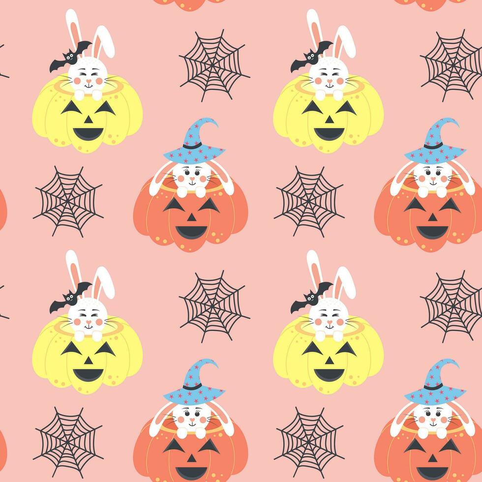 Cute bunnies sitting in pumpkins and web seamless pattern. Pink pastel halloween print for wrapping and textile. vector