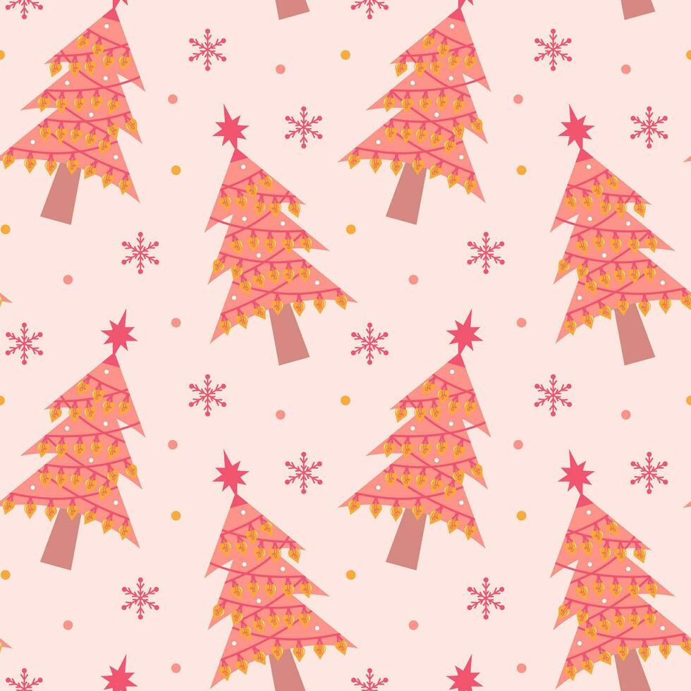 Cute pink christmas tree with garland and snowflakes seamless pattern. Glamour pastel christmas print for wrapping or textile. vector