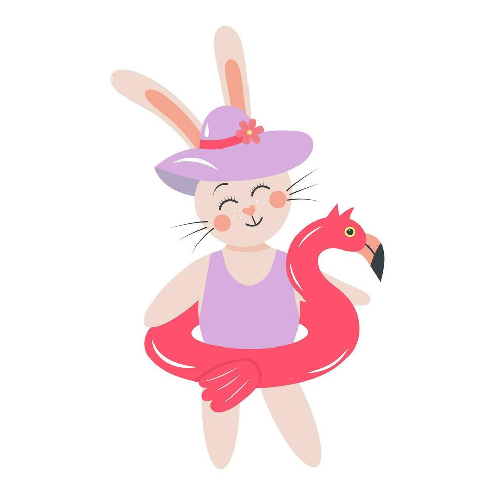 Cute rabbit with inflatable flamingo ring. Bunny girl in a swimsuit and hat on a beach holiday. Cartoon forest character. vector