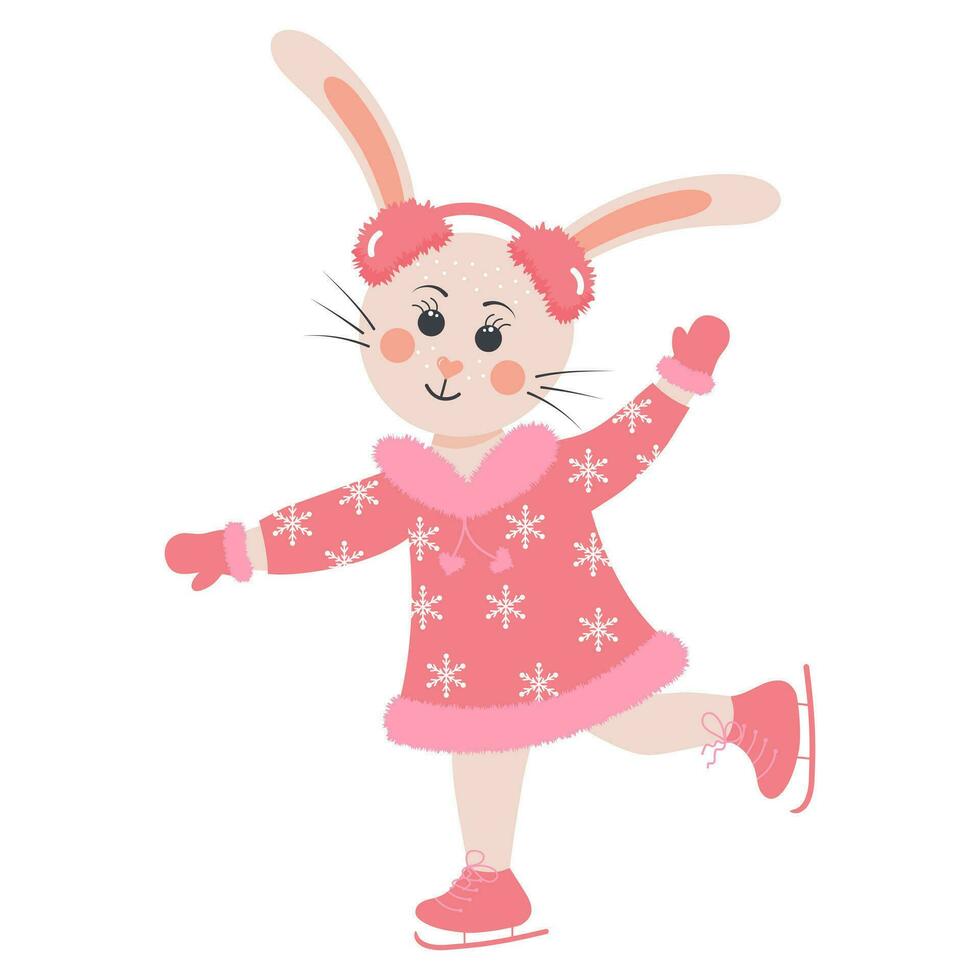 Cute rabbit in winter headphones on skates. Bunny girl in winter clothes. Cartoon forest character. vector