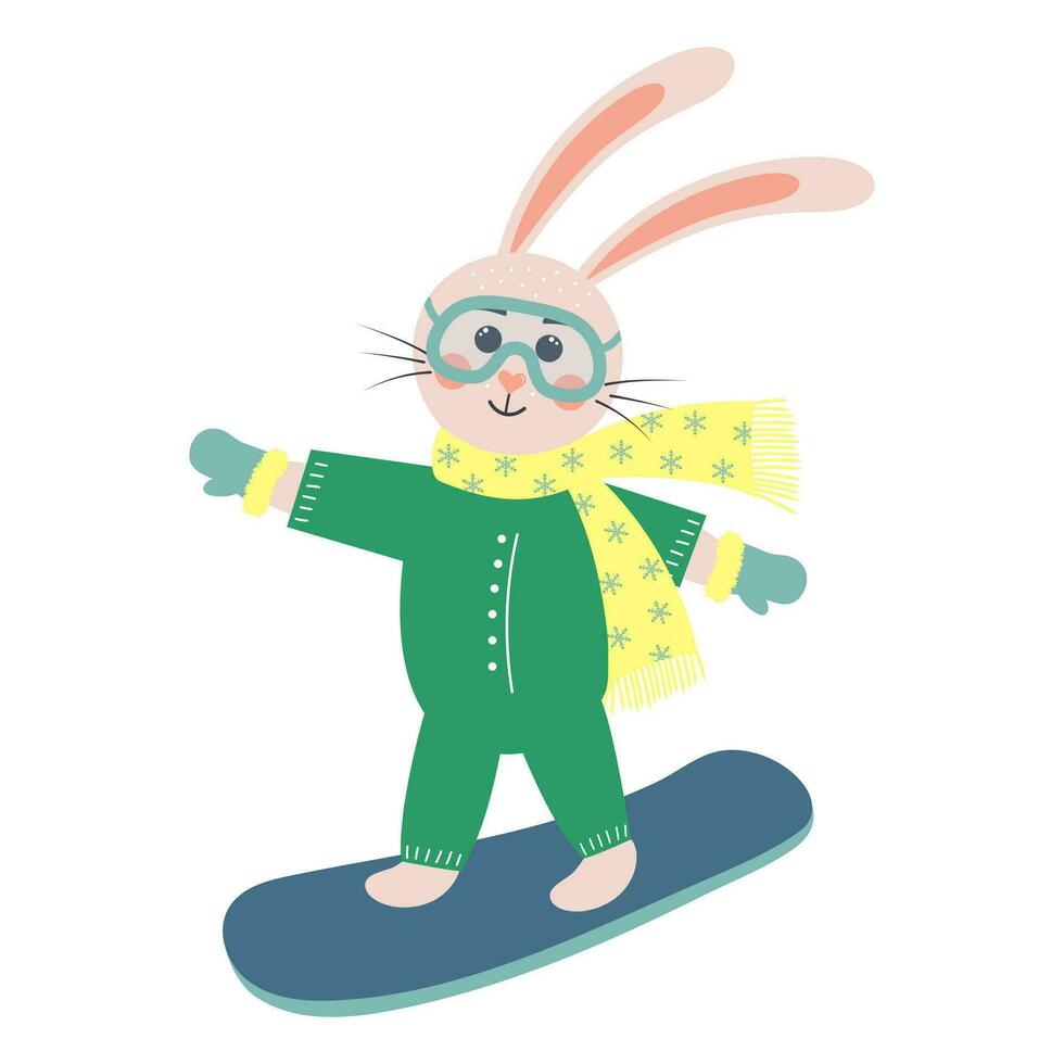 Cute rabbit snowboarding. Bunny boy in a warm winter clothes. Cartoon forest character. vector