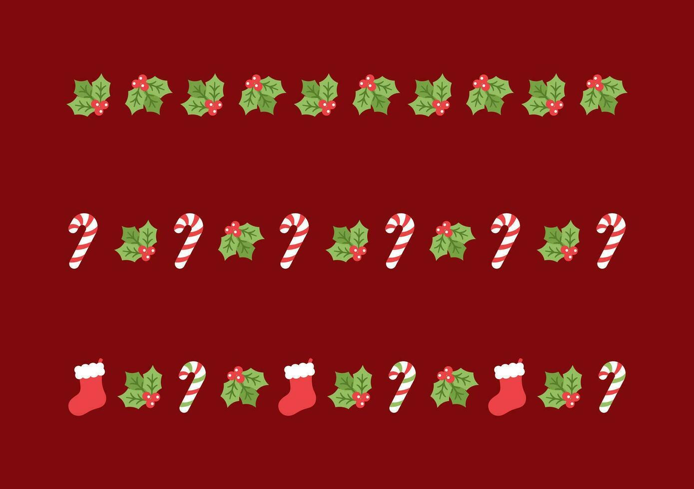 Christmas themed decorative border and text divider set, Christmas Stocking, Candy Cane and Mistletoe Pattern. Vector Illustration.