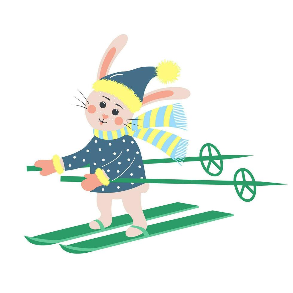 Cute rabbit skiing. Bunny boy in a warm winter clothes. Cartoon forest character. vector