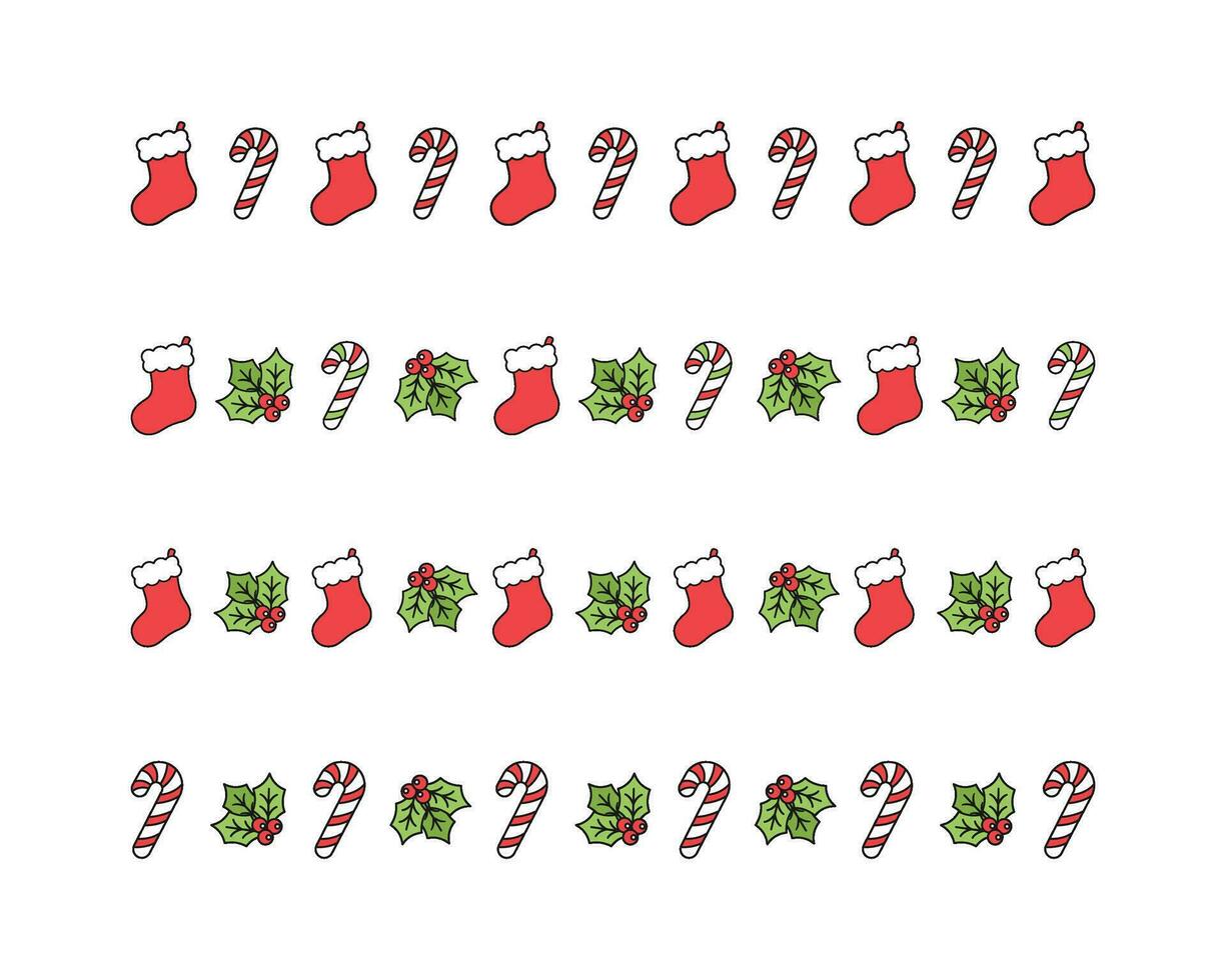 Christmas themed decorative border and text divider set, Christmas Stocking, Candy Cane and Mistletoe Pattern. Vector Illustration.