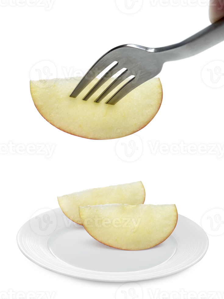 Apple fruit on dish and fork, transparent background png