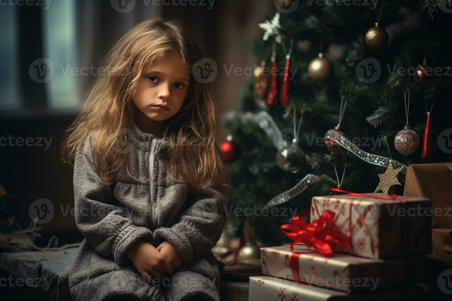 Serious sad little girl is sitting in front of a Christmas tree Generative AI photo
