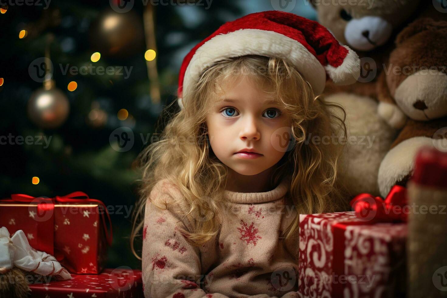 Serious sad little girl is sitting in front of a Christmas tree Generative AI photo