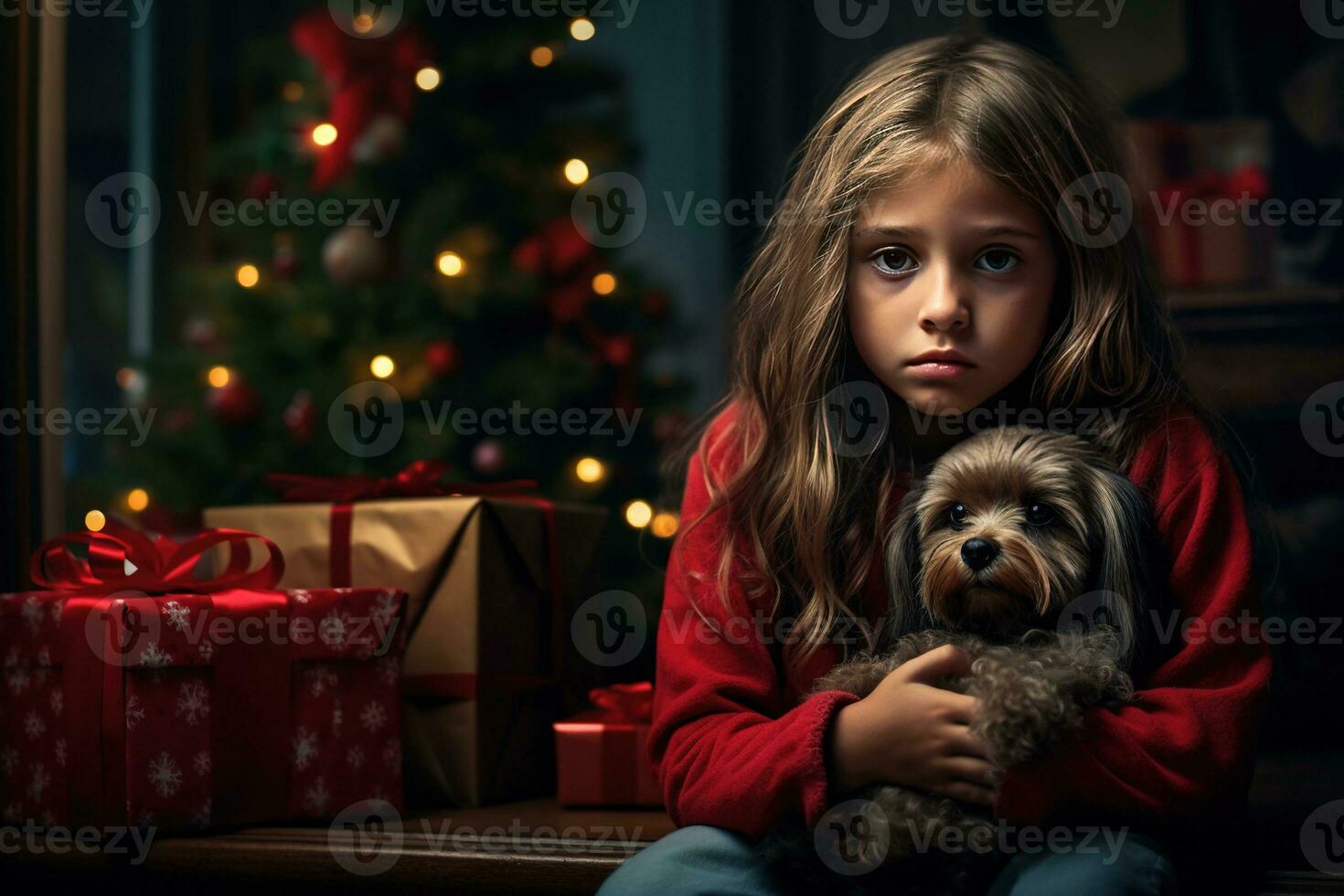 Serious sad little girl is sitting in front of a Christmas tree Generative AI photo