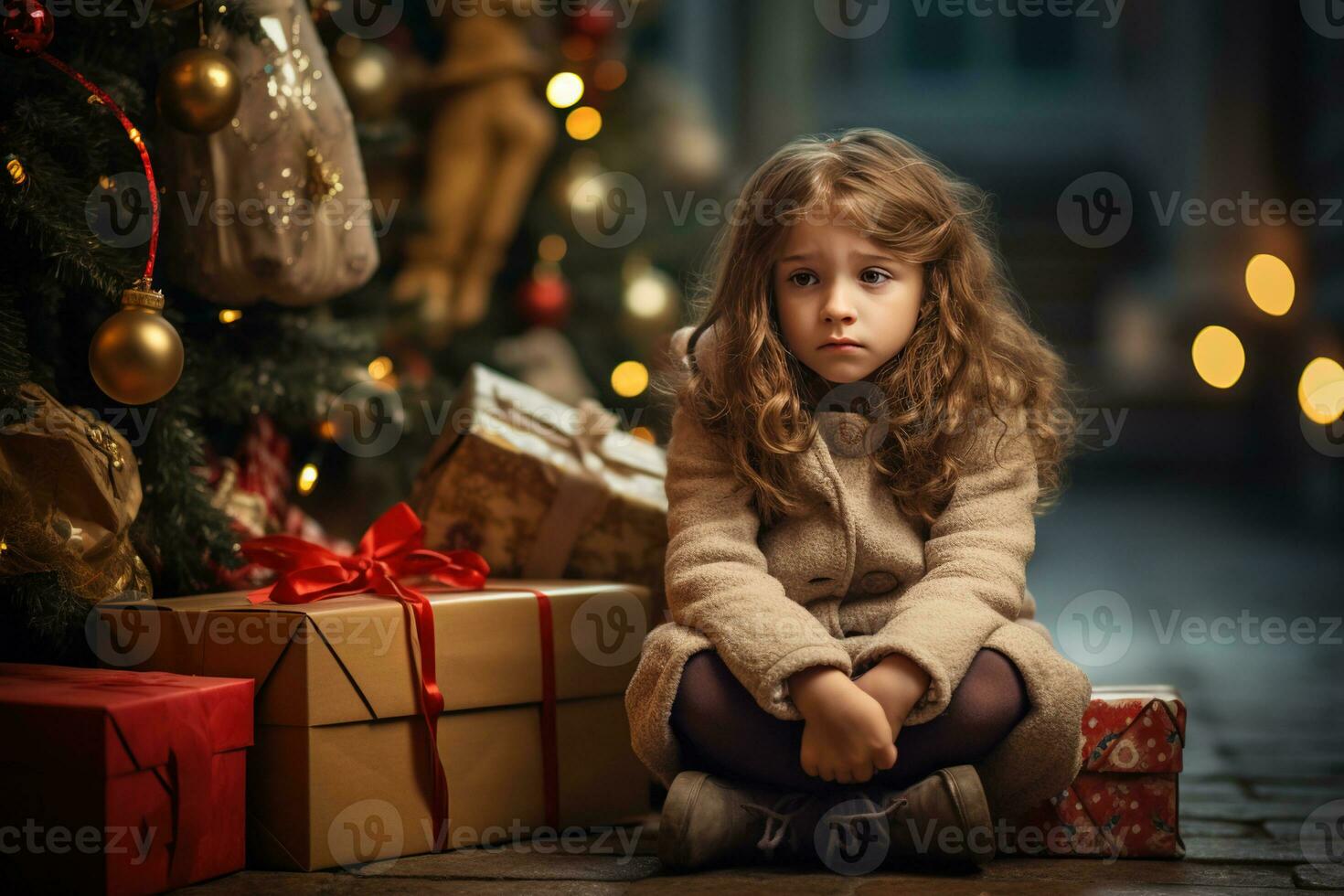 Serious sad little girl is sitting in front of a Christmas tree Generative AI photo