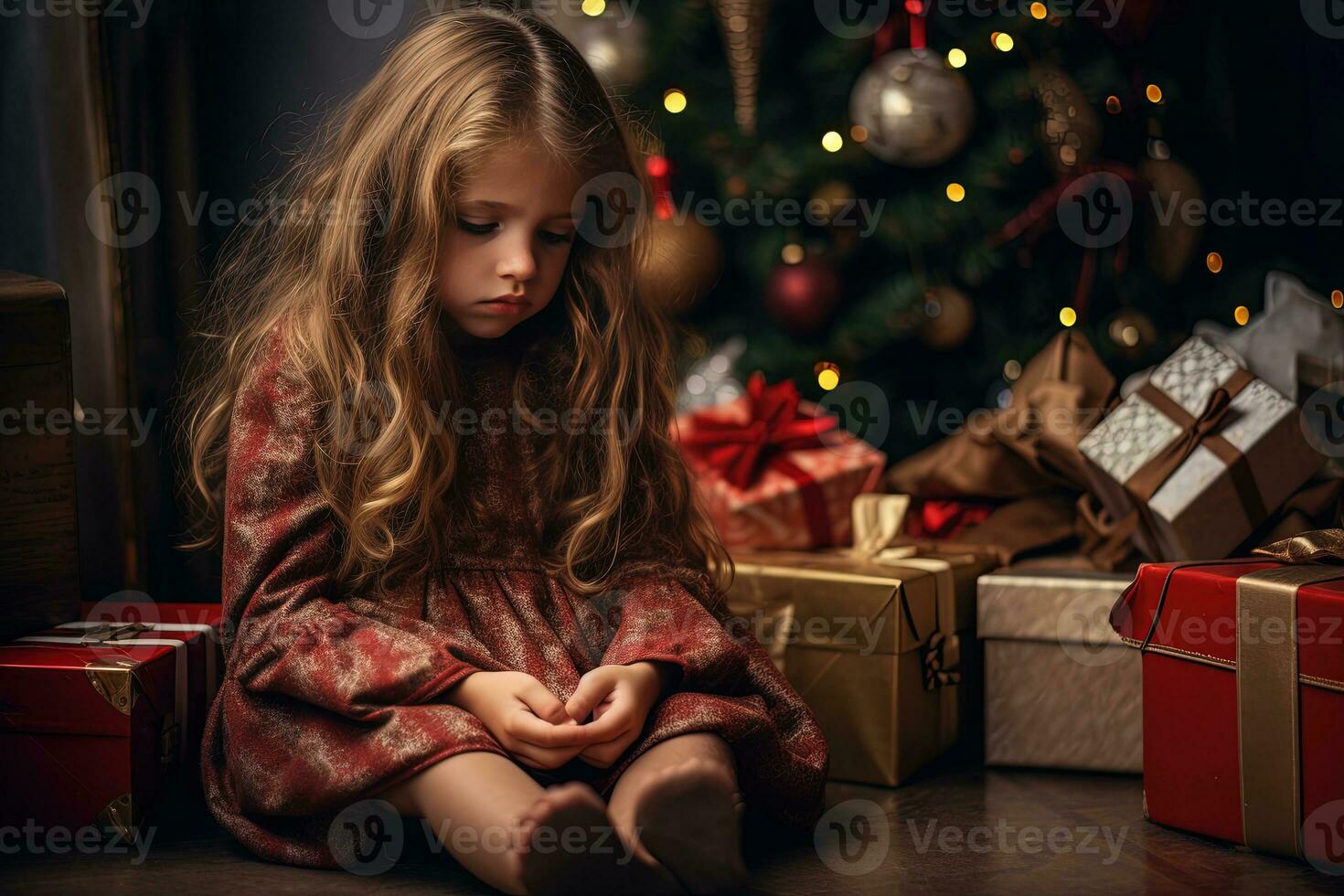 Serious sad little girl is sitting in front of a Christmas tree Generative AI photo