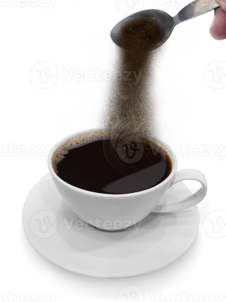 Hand pours instant coffee from a spoon in a coffee cup, transparent background png