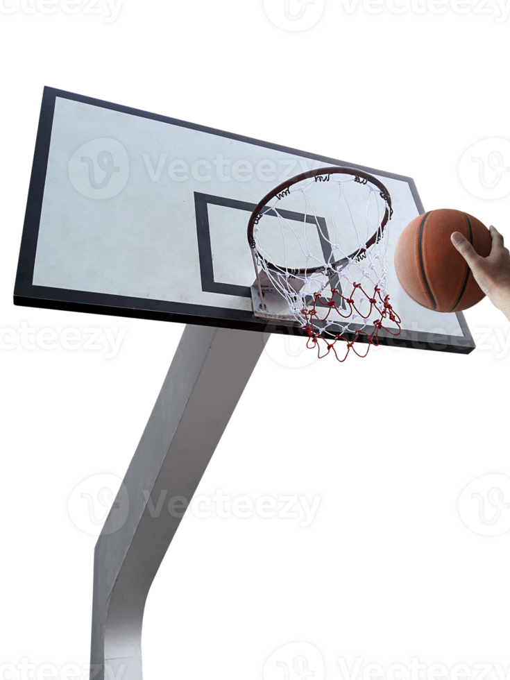 a man play basketball. Low angle view of basketball hoop, transparent background png
