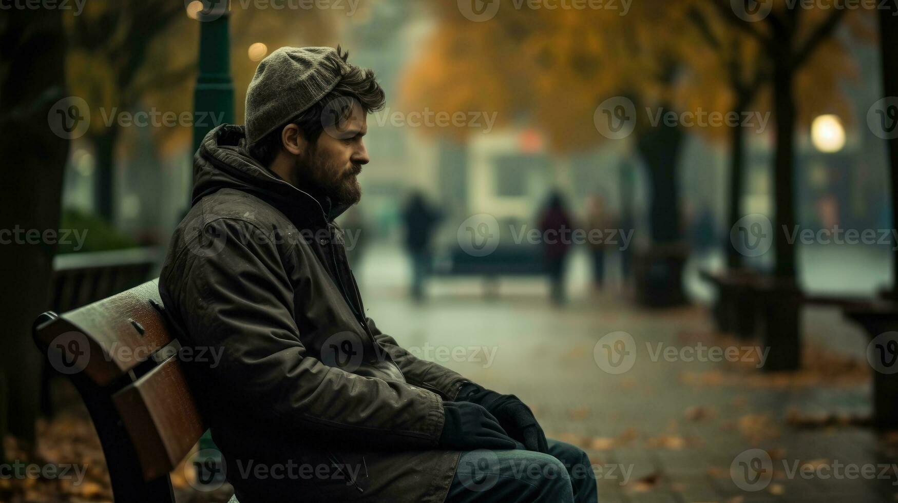 uno hombre sentado en banco ai generado foto