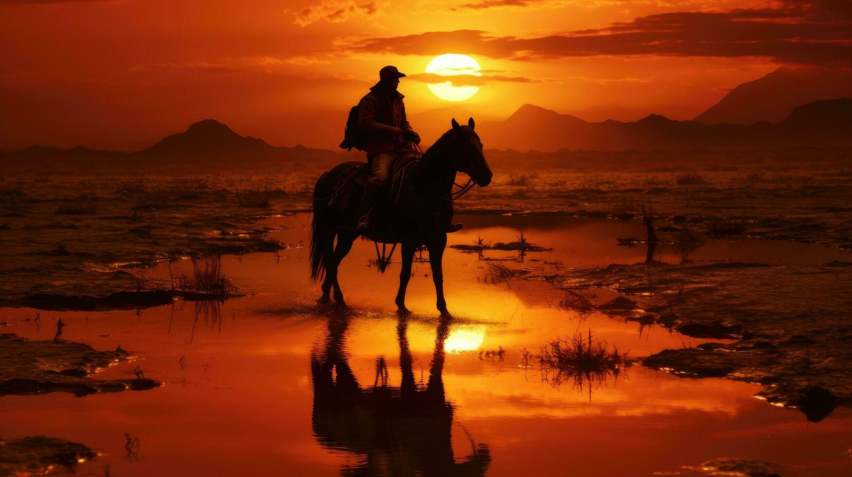 un hombre paseos un caballo en puesta de sol ai generado foto