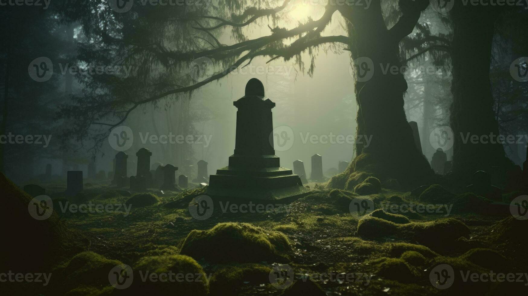 Spooky tombstone in dark forest AI Generated photo