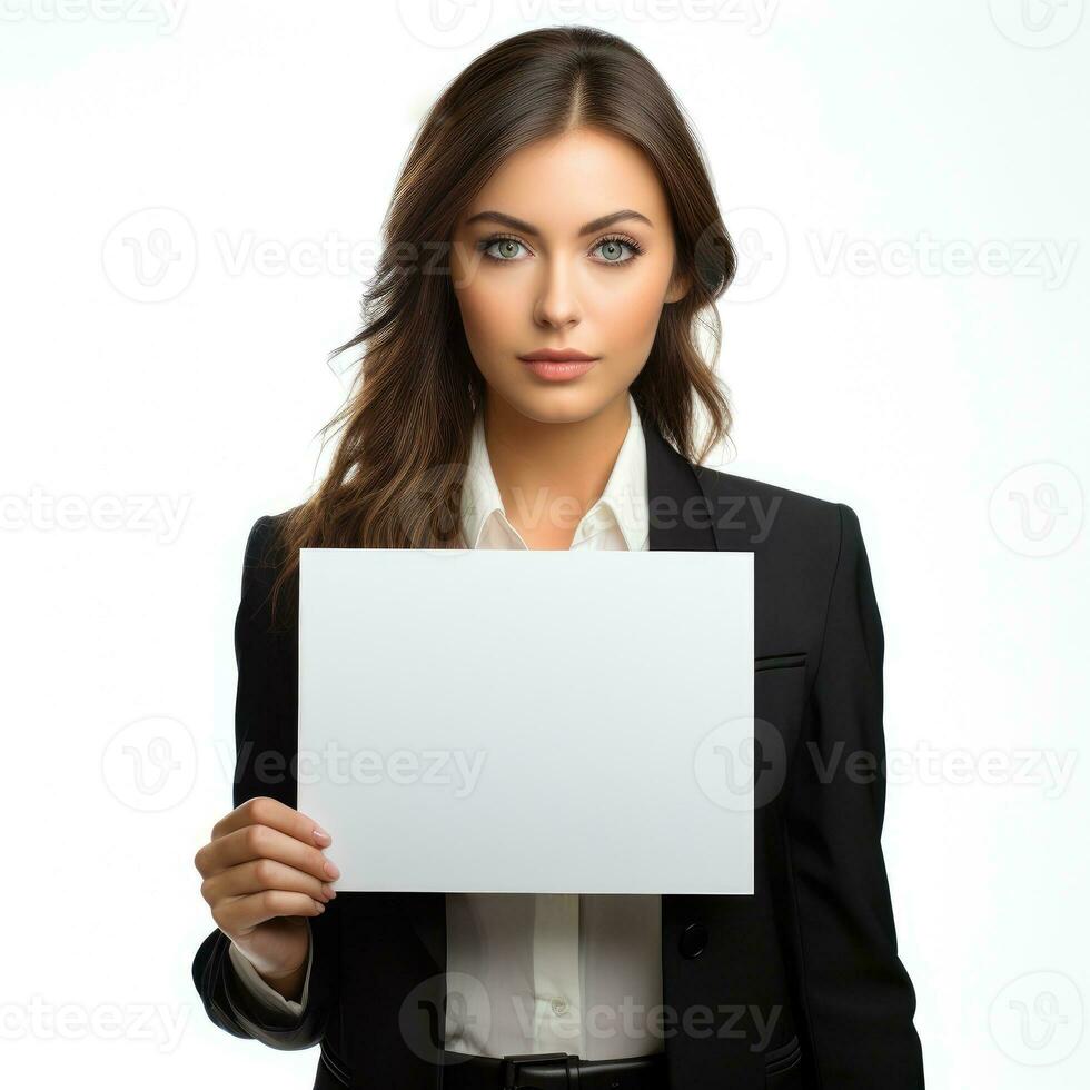 Businesswoman holding a blank sign Isolated on white background AI Generated photo