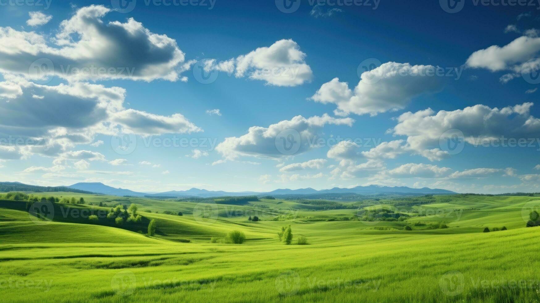 verde campo y azul cielo ai generado foto