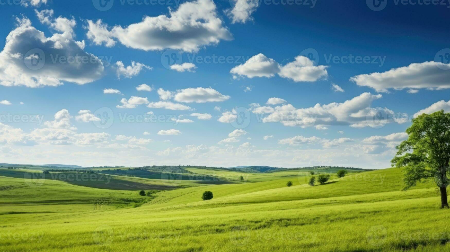 verde campo y azul cielo ai generado foto