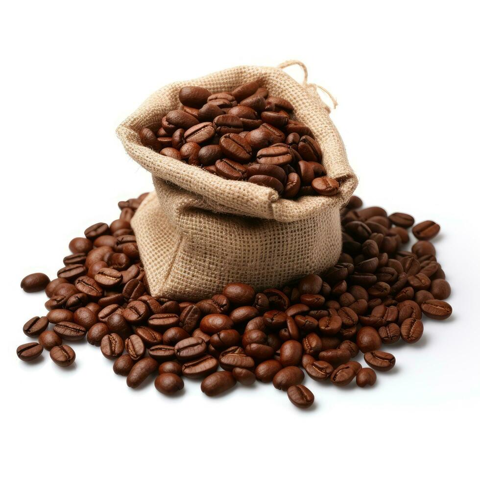 Coffee beans in a sack Isolated on white background AI Generated photo