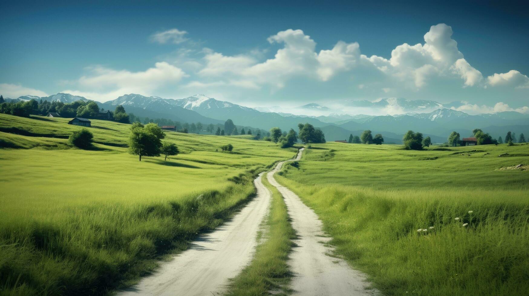 el paisaje de césped campos y la carretera hacer entrar a ai generado foto