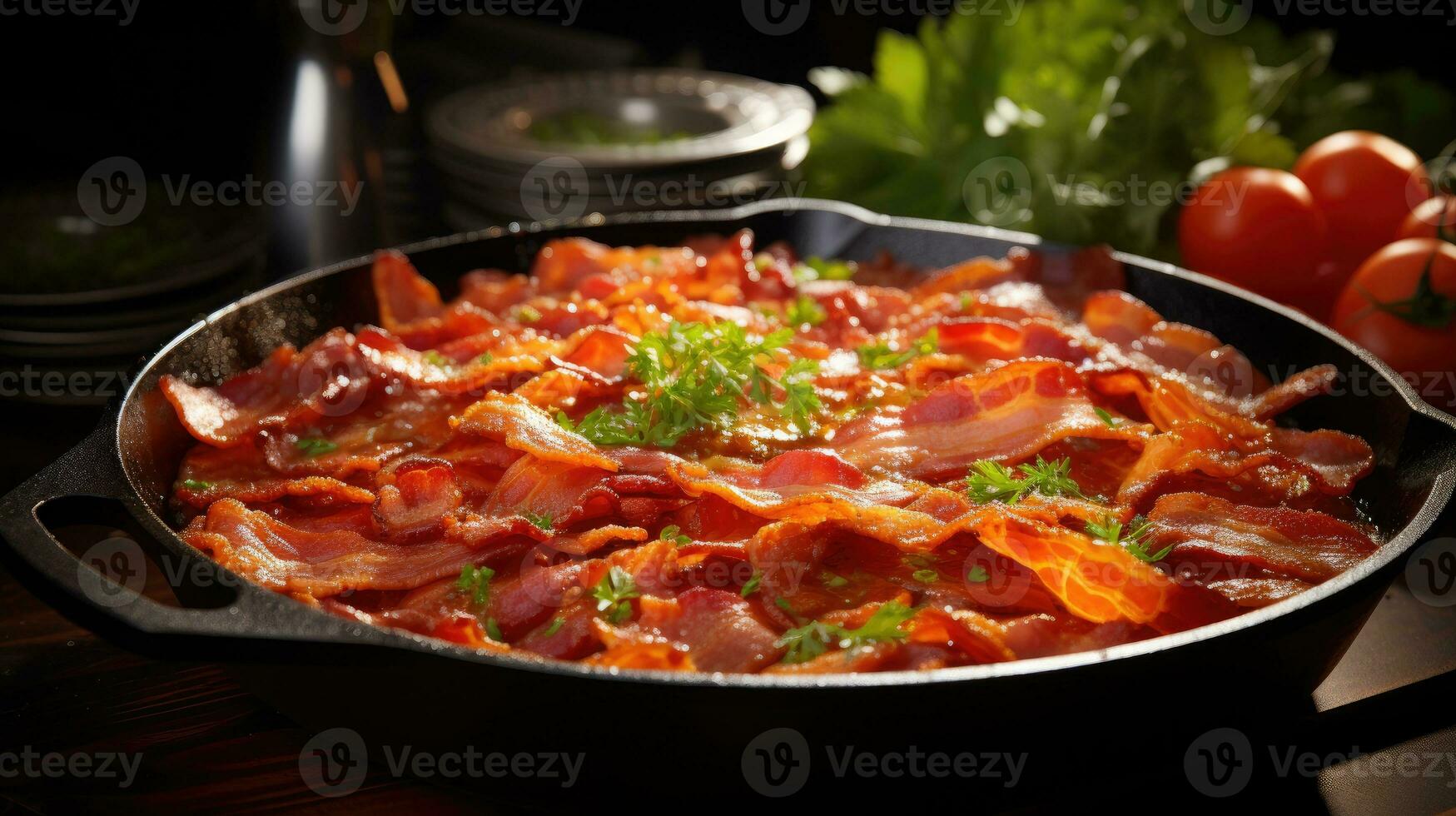 Crunchy streaky bacon fried in a cast iron skillet AI Generated photo