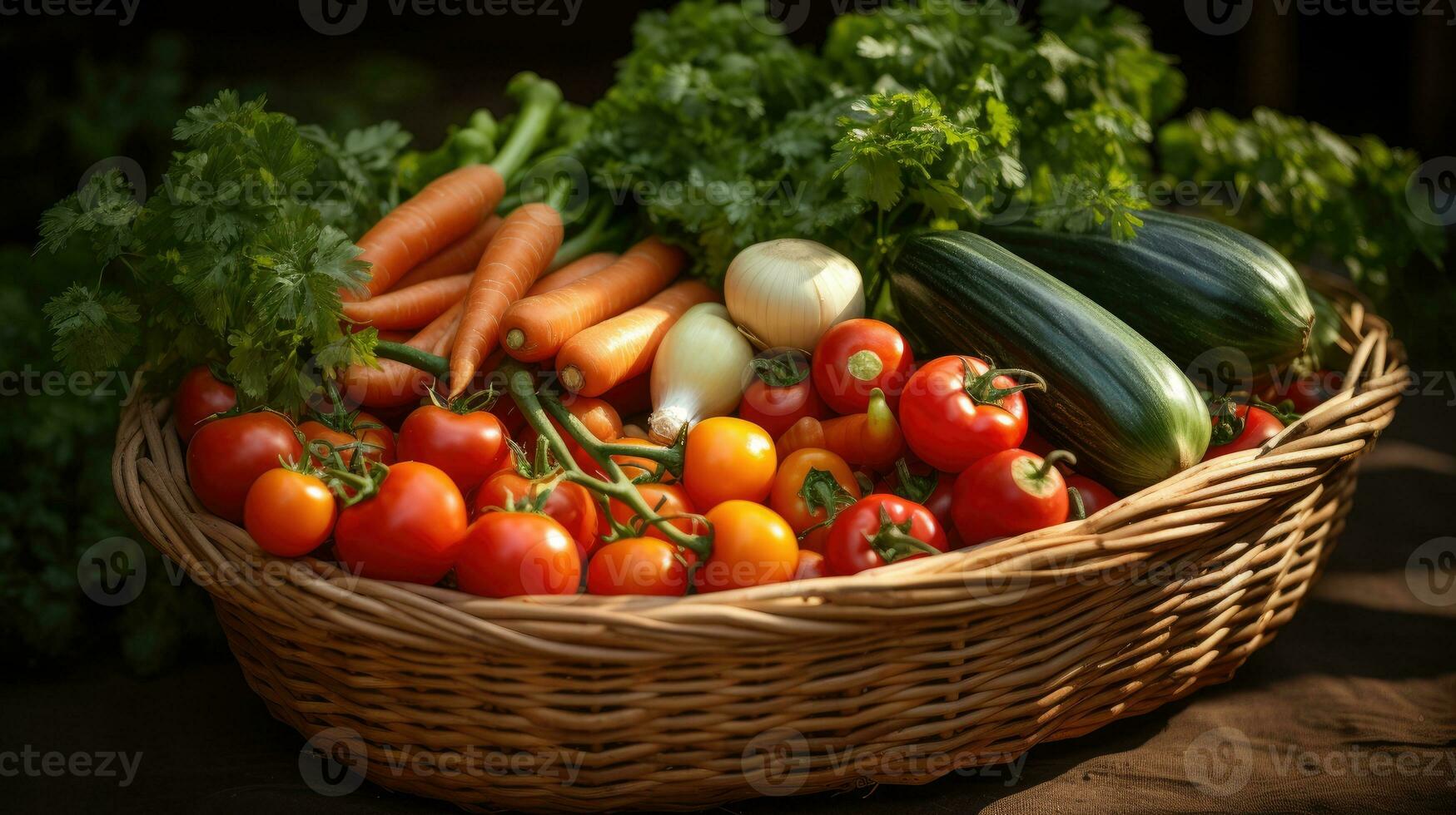 Wicker basket with fresh organic vegetables AI Generated photo