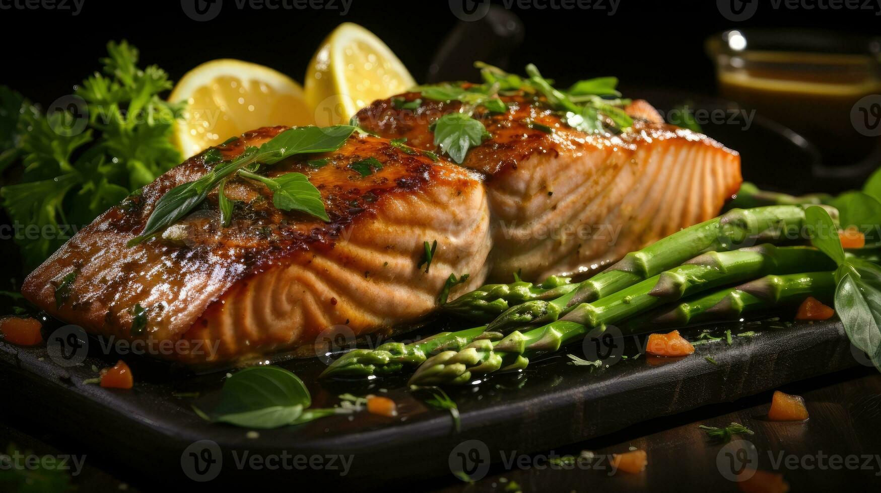 Grilled salmon steaks with asparagus AI Generated photo