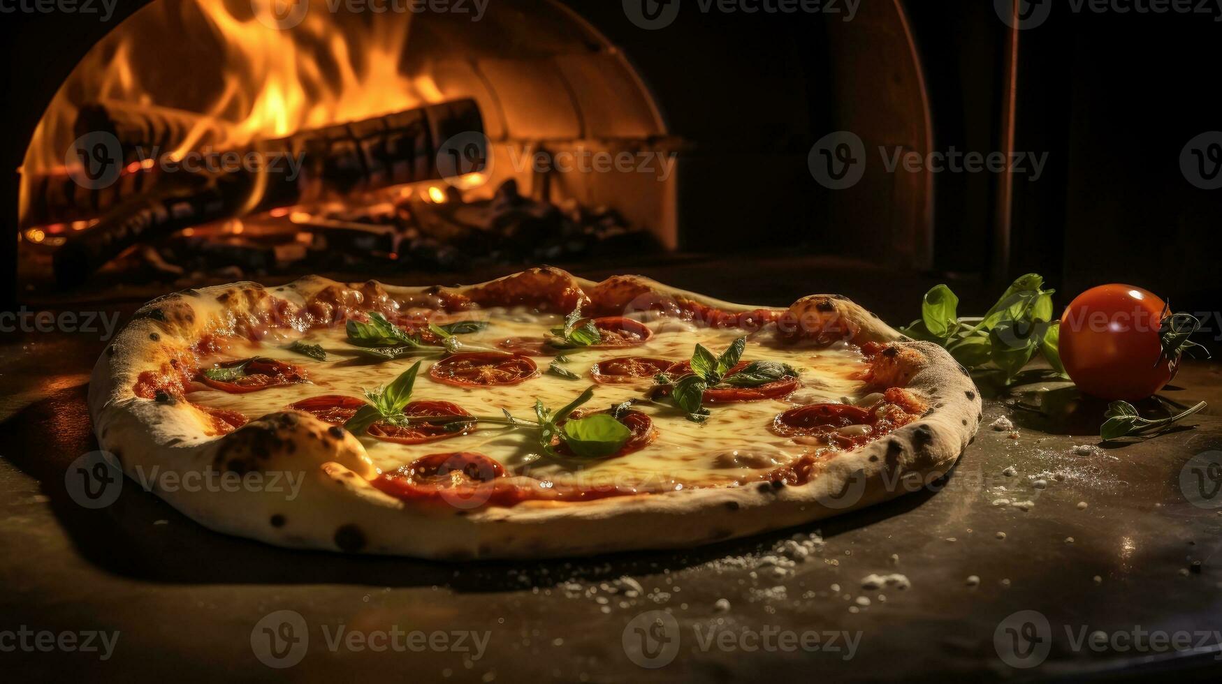 Freshly pizza from brick oven AI Generated photo