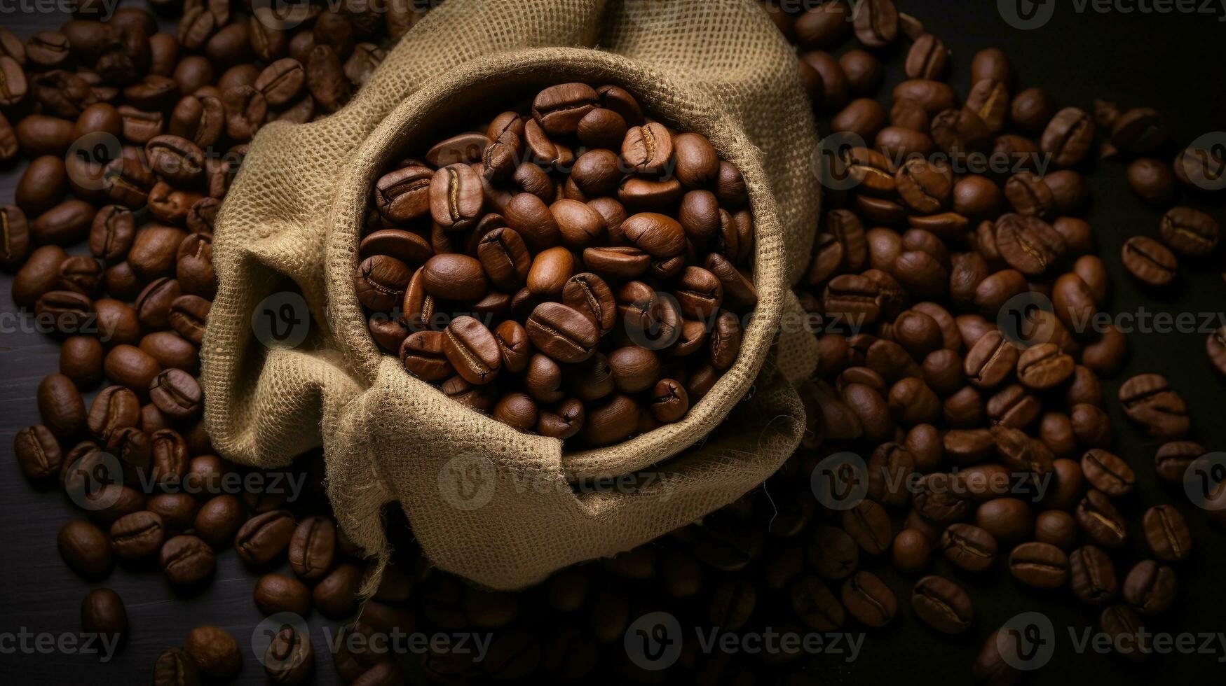 Coffee beans in a sack background AI Generated photo