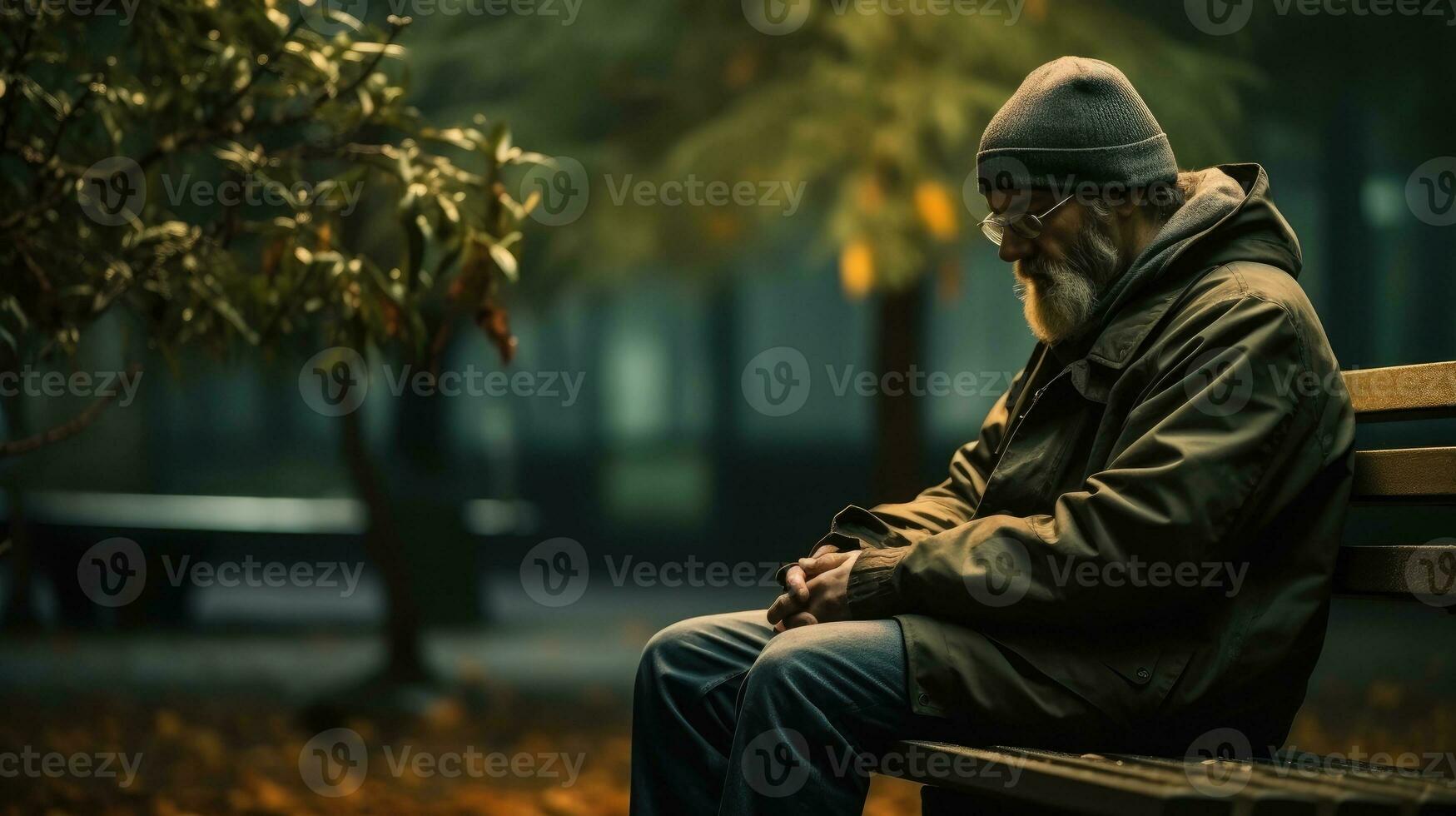 One man sitting on bench AI Generated photo