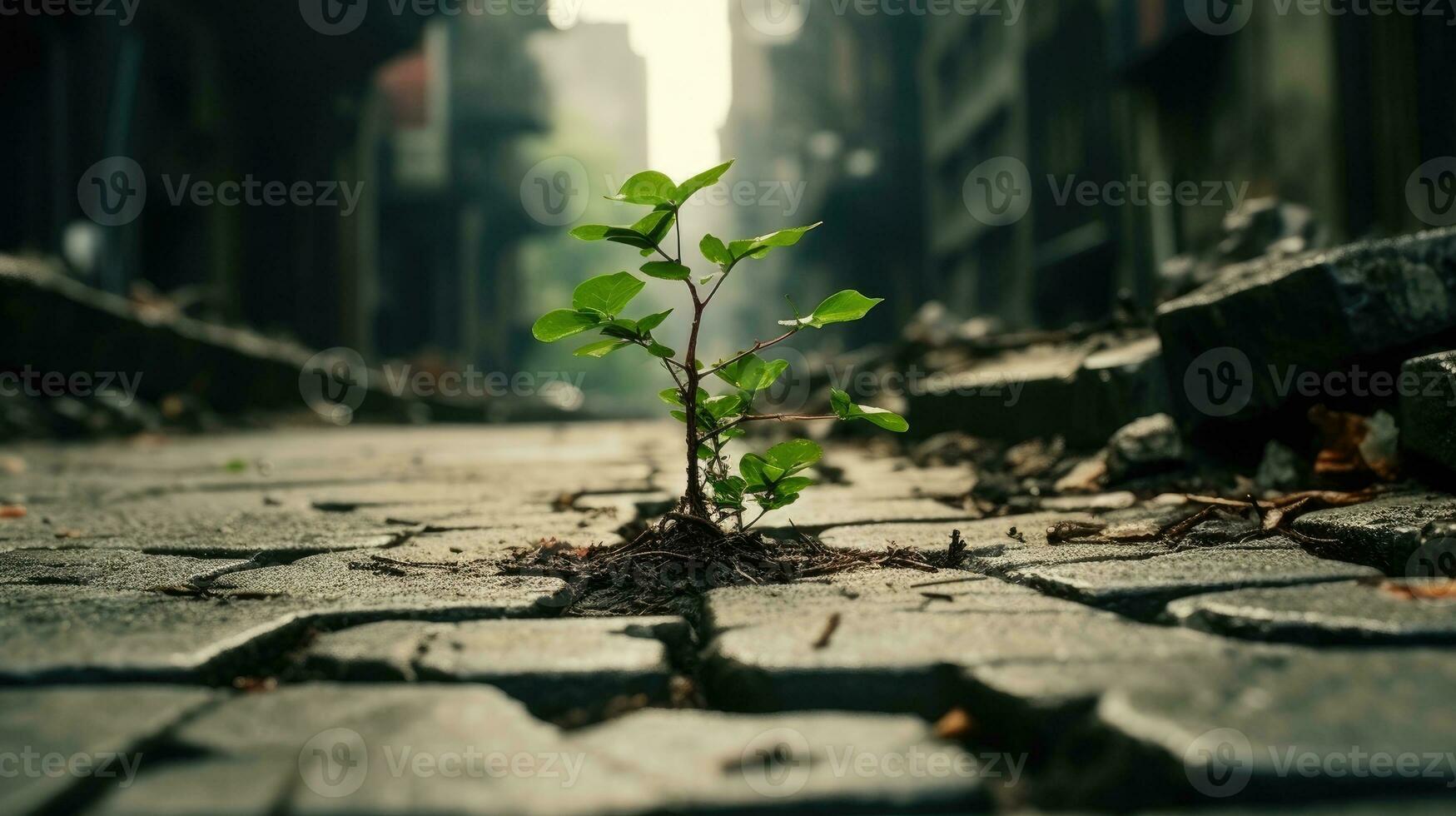 Fresh green growing in ruined city AI Generated photo