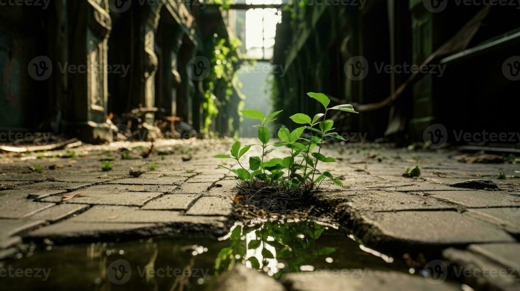 Fresco verde creciente en arruinado ciudad ai generado foto