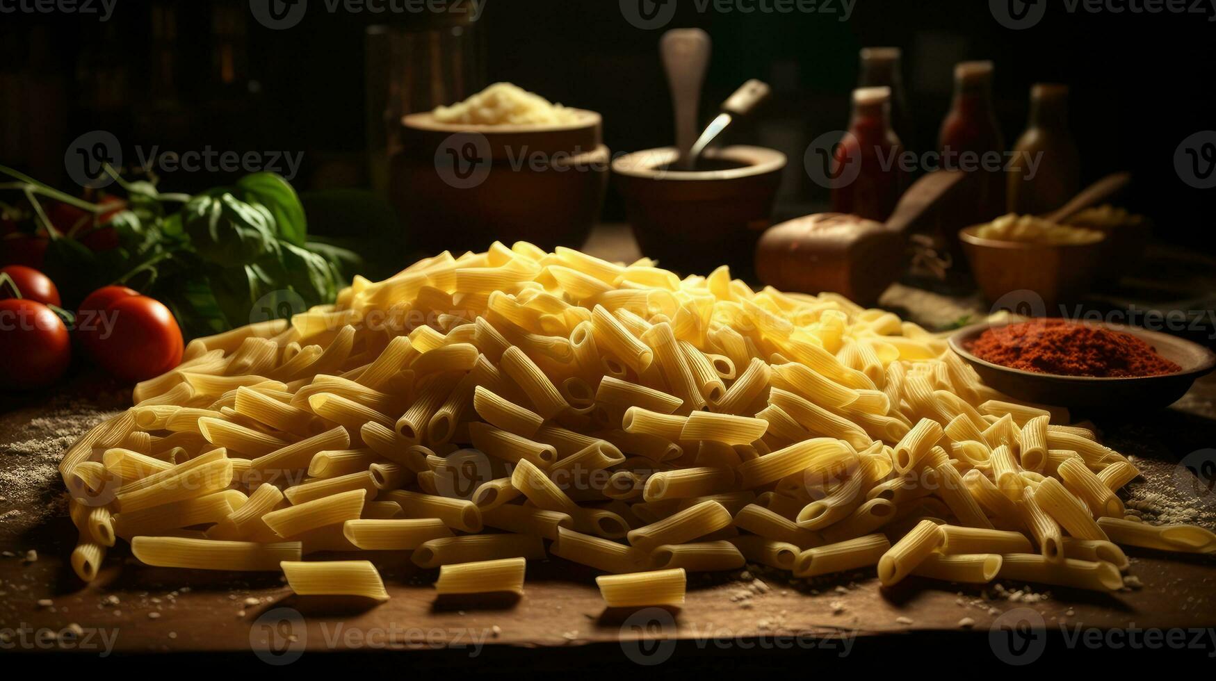 Italian pasta on wooden table AI Generated photo