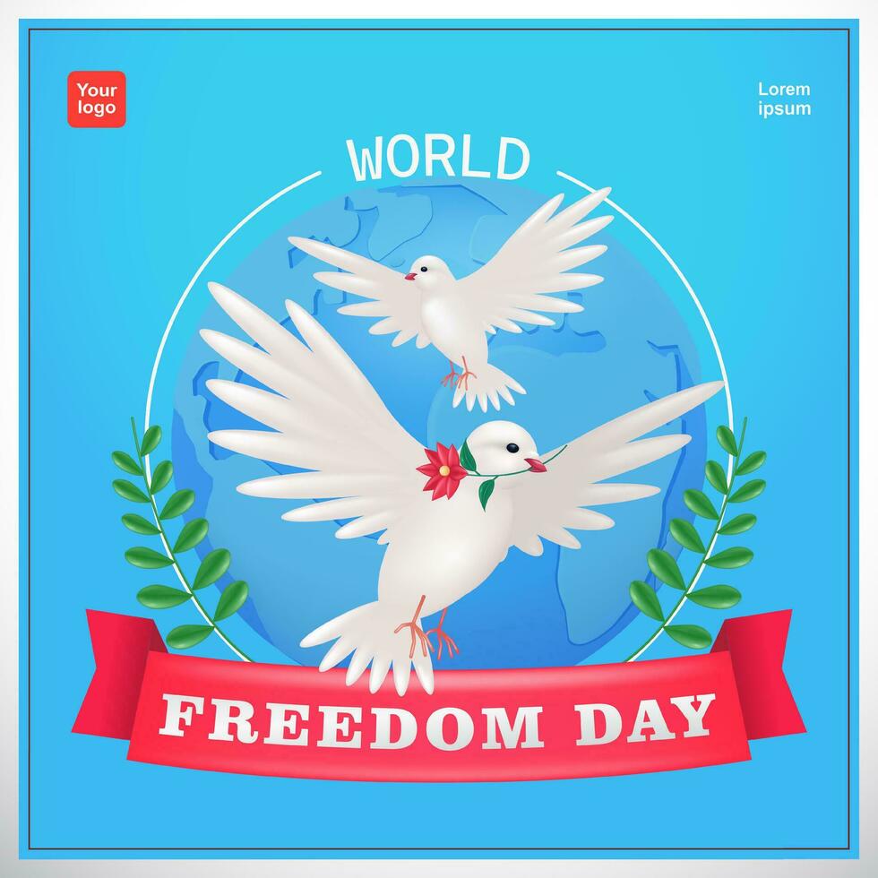 A pair of doves flying while carrying flowers on an earth background. 3d vector, suitable for World Independence Day and Peace vector
