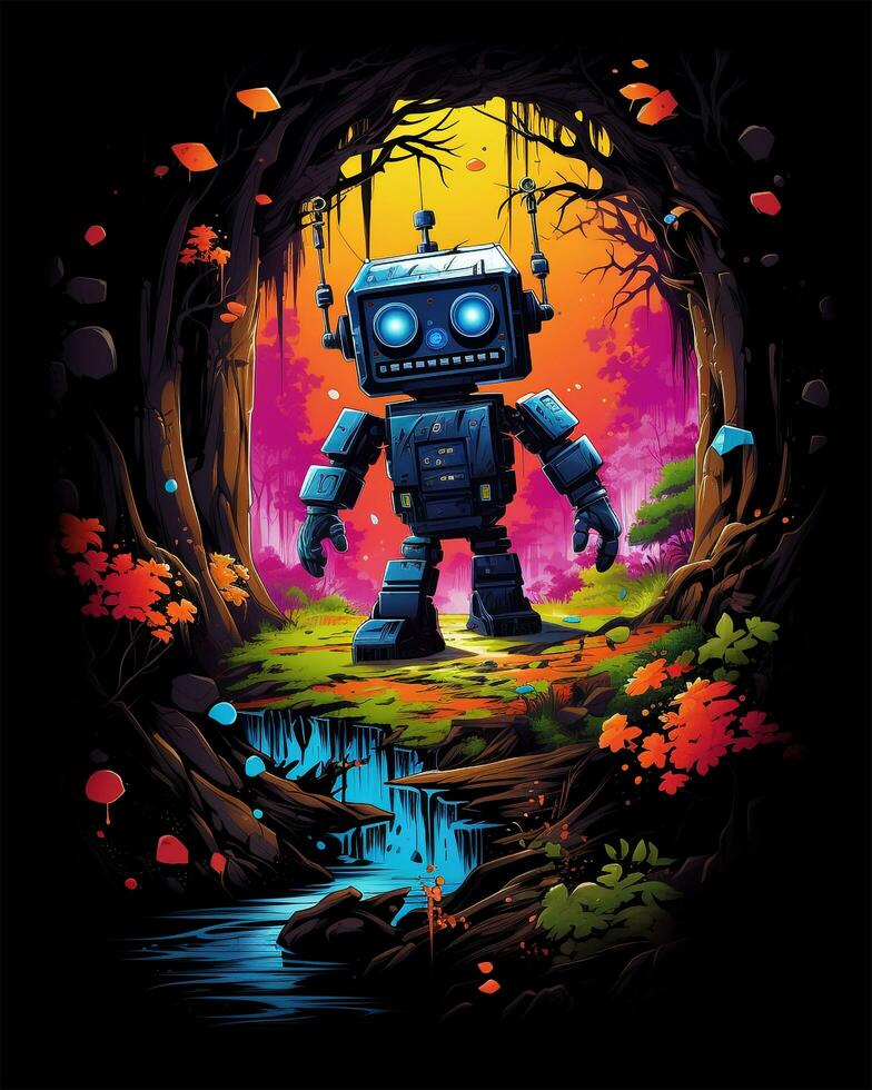 A Colorful Action funny Robot walking on a street in the woods Generative AI photo