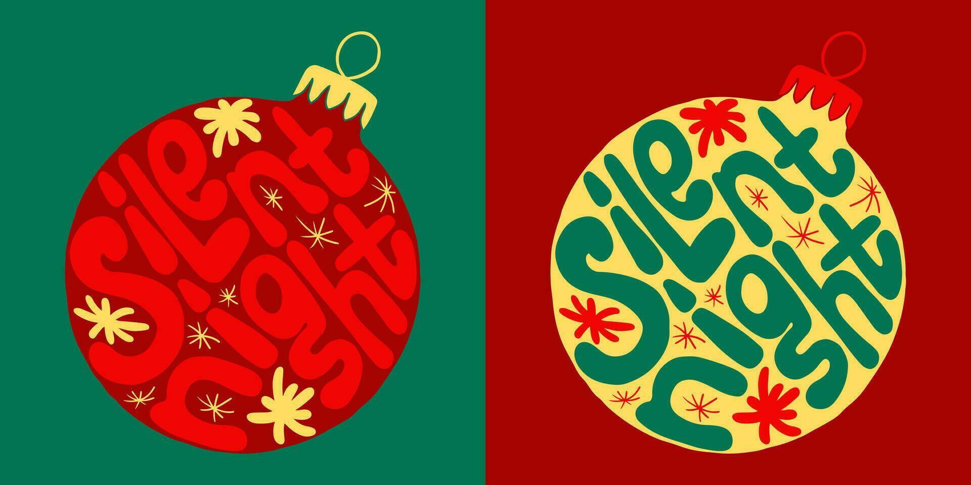 Groovy Christmas lettering. Slogan Silent Night in Christmas ball shape and retro hippie style. Trendy print design for posters, cards, shirt print social media graphics. Holiday composition vector