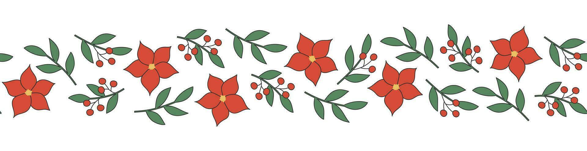 Seamless border with poinsettia flowers and branches on white background. Good for fabric, wallpaper, packaging, textile, web design. vector