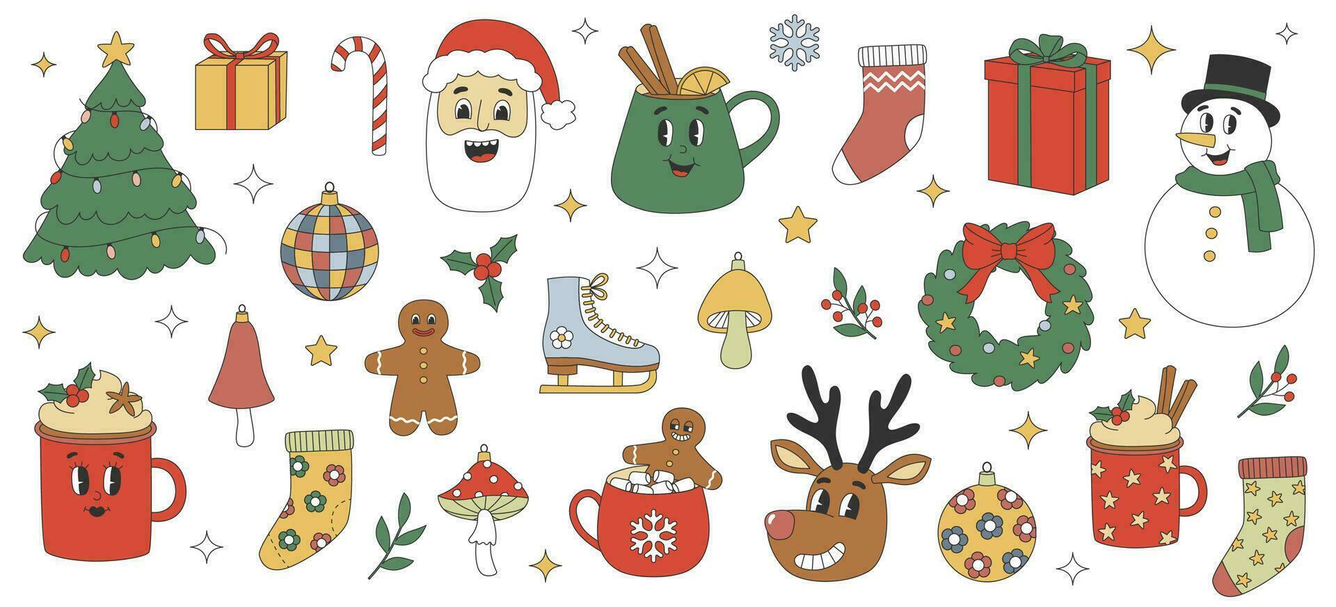 Sticker pack of cartoon Christmas characters and elements. Santa, snowman, reindeer, gingerbread man in trendy retro cartoon style. vector