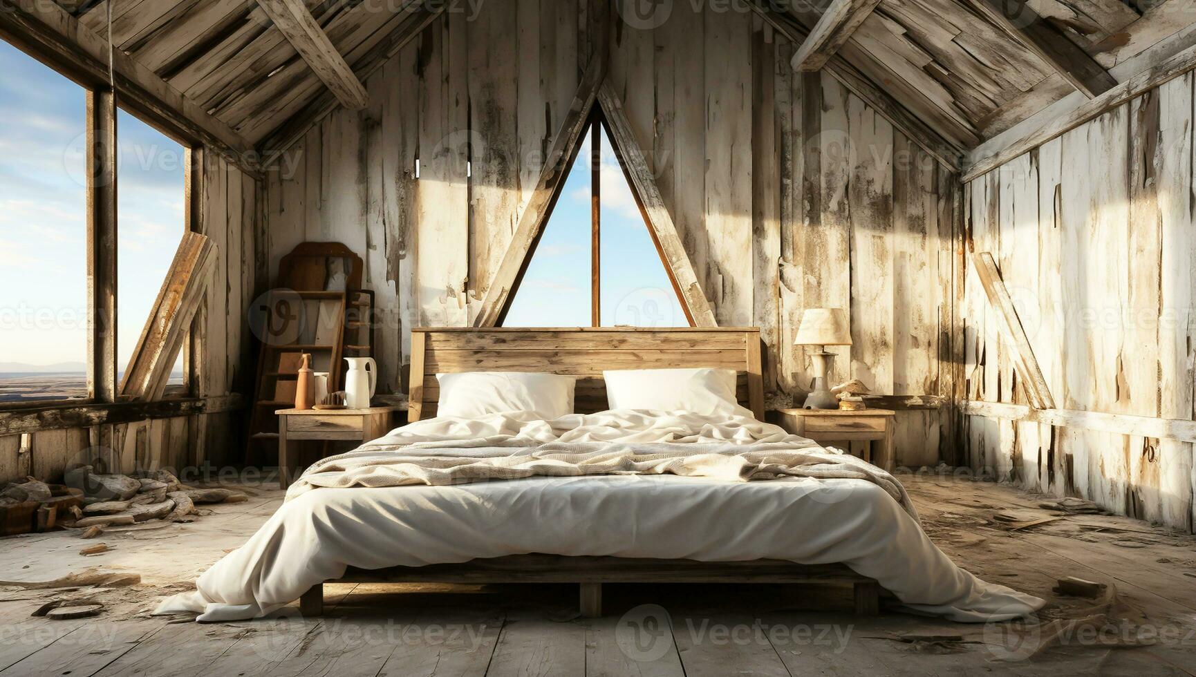 Interior of a room with a bed in the middle. AI generated photo