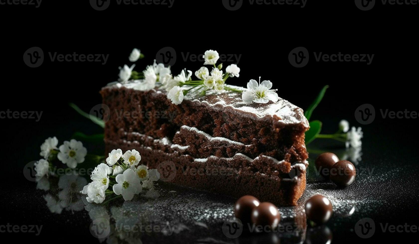 Slice of chocolate cake with little white flowers gypsophilia around. ai generated photo